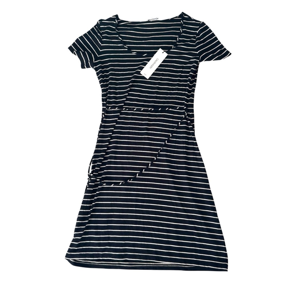 NWT Calvin Klein Black White Striped Midi Dress Short Sleeves Waist Tie Size 8